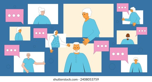 Senior people online communication. Elderly men and women have a remote conversation. Retired life in community. Vector flat illustration.