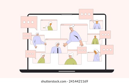 Senior people online community. Elderly men and women have a conversation online. Old friends keeping in touch. Retired life in community. Vector flat illustration.