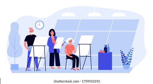 Senior people painting in art class. Still life, artist, easel flat vector illustration. Workshop and fine arts concept for banner, website design or landing web page