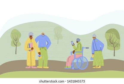 Senior people at the park. Different retired persons walking. Vector flat illustration.