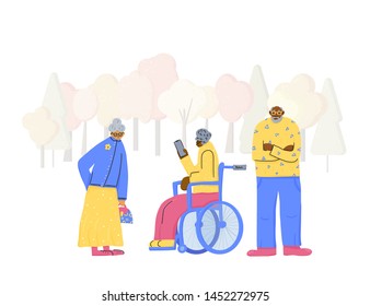 Senior people at the park. Different retired persons walking. Vector flat illustration.