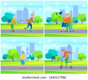 Senior people in park vector, man and woman rolling on path in city streets, elderly man riding scooter, group selfie on smartphone hipster characters