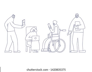 Senior people with phones and gadgets. Different elderly persons isolated on white background. Old men and women charcters group. Vector doodle illustration.