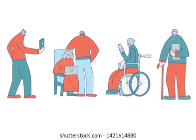 Senior people with phones and gadgets. Different elderly persons isolated on white background. Vector  illustration.