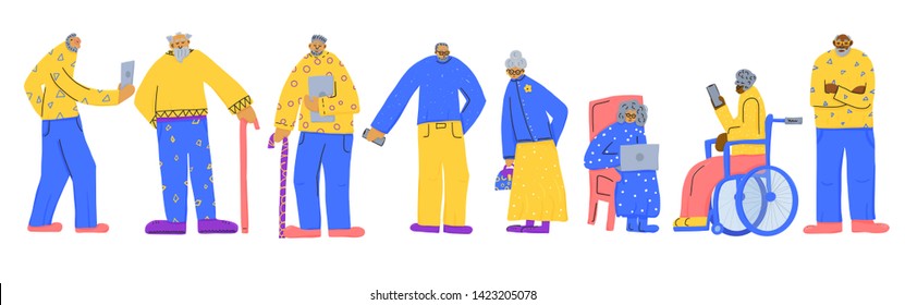 Senior people with phones and gadgets. Different elderly persons isolated on white background. Old men and women charcters group. Vector flat illustration.