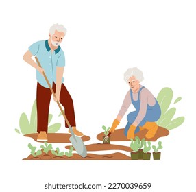 Senior people planting a plants. Retired man with a spade, woman weeds the beds working in the garden. Elderly people care, active lifestyle. Vector illustration in flat style with cartoon characters.