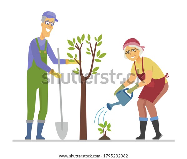 Senior People Planting Tree Flat Design Stock Vector (Royalty Free ...