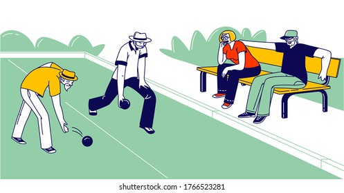 Senior People Playing Bocce or Lawn Bowling Competing with each other. Ground Level Shot, Elderly Friends Characters Playing Boules in Park Outdoor Area Enjoying Spare Time. Linear Vector Illustration