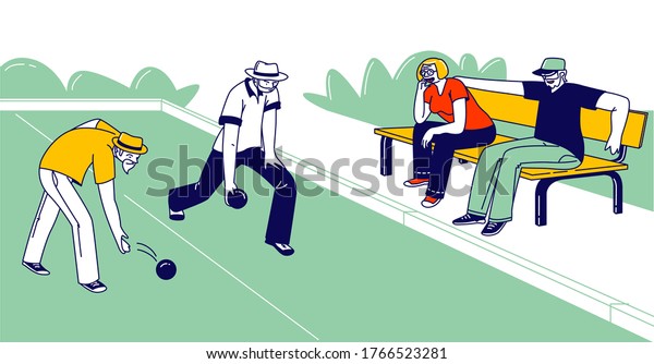 Senior People Playing Bocce or Lawn Bowling\
Competing with each other. Ground Level Shot, Elderly Friends\
Characters Playing Boules in Park Outdoor Area Enjoying Spare Time.\
Linear Vector\
Illustration