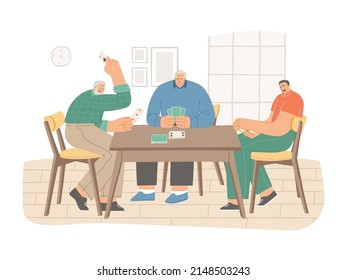 Senior People Playing Cards Together At Home. Elderly Friends Spend Time Together. Three Elderly Men Are Playing Bridge Or Poker Seated At A Table. Vector Illustration