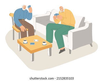 Senior People Playing Cards Together. Elderly Friends Spend Time Together. Two Older Men Playing Bridge Or Poker Seated On The Couch And Chair. Vector Illustration