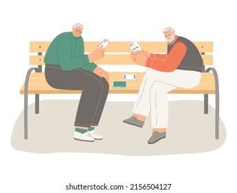 Senior People Playing Cards Together. Elderly Friends Spend Time Together. Two Older Men Playing Bridge Or Poker Seated On A Wooden Bench. Vector Illustration Isolated On