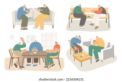 Senior People Playing Cards Together At Home. Elderly Friends Spend Time Together. Elderly People Are Playing Bridge Or Poker. Set Of Hand Drawn Vector Illustrations