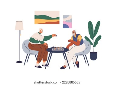 Personas mayores jugando al ajedrez, sentadas en la mesa. Los ancianos se relajan en tiempo libre. Felices personajes masculinos jubilados descansando. Ilustración vectorial plana aislada en fondo blanco