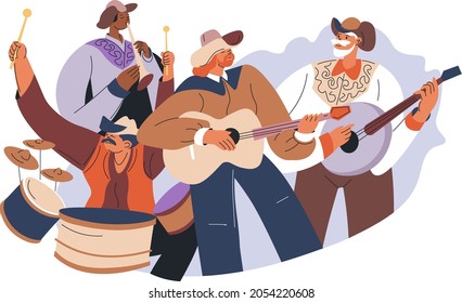 Senior People Playing In Music Band, Country Genre Of Songs. People Wearing Cowboy Hats And Using Drums, Guitars And Vocals. Rehearsal Or Preparation For Concert And Stage. Vector In Flat Style