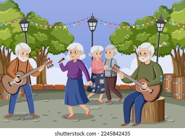 Senior people playing music at park illustration