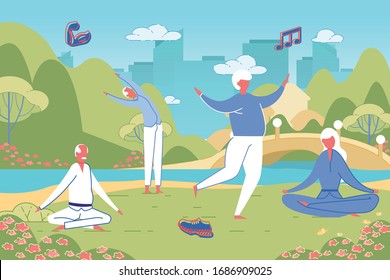 Senior People Practise Qigong Breath System at River Bank Background. Physical Exercises and Sports for Elderly People. Health Care and Keeping Active in Retire. Flat Cartoon Vector Illustration.