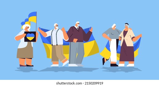 senior people protesters holding Ukrainian flags pray for Ukraine peace save Ukraine from russia stop war concept