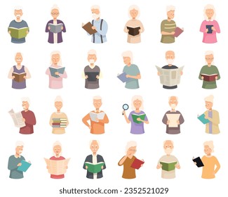 Senior people reading icons set cartoon vector. Elder book. Couple adult