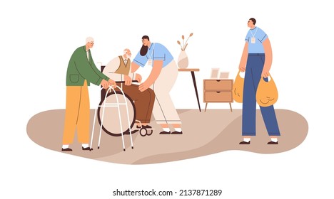 Senior people receiving donation, help from volunteers in retirement home. Social charity service caring, giving aid to person of old age. Flat vector illustration isolated on white background