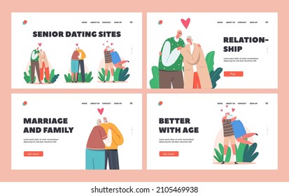 Senior People Relations Landing Page Template. Loving Couples Hug, Happy Old Men or Women Embracing, Holding Hands, Hugging. Elderly Characters Dating, Love, Connection. Cartoon Vector Illustration