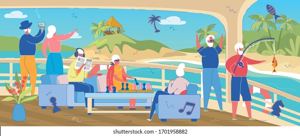 Senior People Sea Vacation or Weekend on Luxury Yacht. Elderly Men and Women Cartoon Characters Fishing Together. Golden Old Age and Active Retirement, Human Life Quality. Flat Vector Illustration.