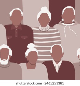 Senior People Seamless Background. Silhouettes of different elderly men and elderly women. Pattern with senior people. International Day of Older Persons. Vector illustration in brown