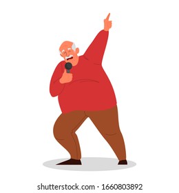 Senior people singing karaoke. Old man singing song with microphone. Old people lifestyle concept. Senior man relaxing at karaoke bar. Isolated vector illustration in cartoon style