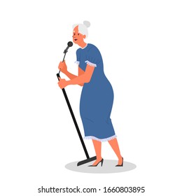 Senior people singing karaoke. Old woman singing song with microphone. Old people lifestyle concept. Senior lady relaxing at karaoke bar. Isolated vector illustration in cartoon style