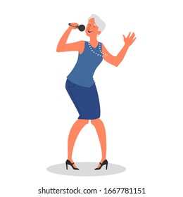 Senior people singing karaoke. Old woman singing song with microphone. Old people lifestyle concept. Senior lady relaxing at karaoke bar. Isolated vector illustration in cartoon style