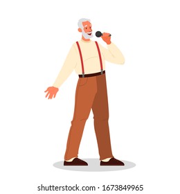 Senior people singing karaoke. Old man singing song with microphone. Old people lifestyle concept. Senior man relaxing at karaoke bar. Isolated vector illustration in cartoon style