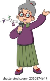 Senior people singing karaoke. Old woman singing song with microphone. Old people lifestyle concept. Senior lady relaxing at karaoke bar. Isolated vector illustration in cartoon style