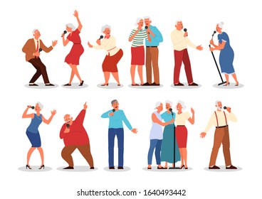 Senior people singing karaoke set. Old peope singing song with microphone. Old people lifestyle concept. Seniors relaxing at karaoke bar. Isolated vector illustration in cartoon style