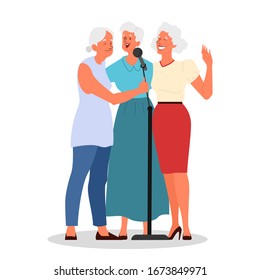 Personas mayores cantando karaoke. Tres ancianas cantando canciones con micrófono. Concepto de estilo de vida de las personas de edad. Mujeres mayores relajándose en el bar karaoke. Ilustración vectorial aislada en estilo caricaturista