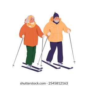 Senior people skiing. Happy elderly couple doing sport outside. Active healthy lifestyle concept. Vector flat cartoon illustration of winter outdoor leisure. Grey haired smiling man and woman skiing.