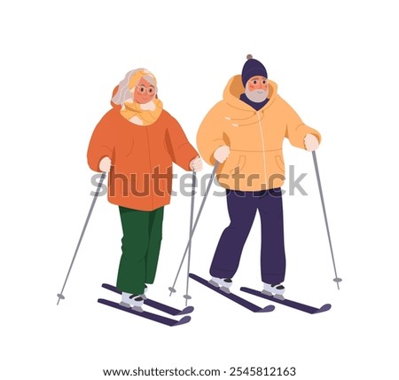 Senior people skiing. Happy elderly couple doing sport outside. Active healthy lifestyle concept. Vector flat cartoon illustration of winter outdoor leisure. Grey haired smiling man and woman skiing.