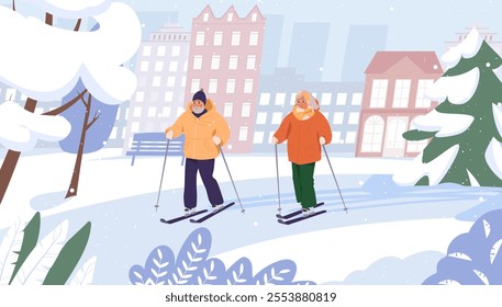 Senior people skiing on public park, cityscape background. Happy elderly couple doing sport outside. Active healthy lifestyle concept. Vector flat cartoon illustration of winter outdoor leisure.
