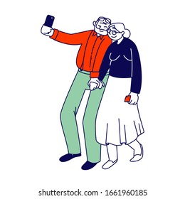 Concepto de personas mayores y dispositivos inteligentes. Pareja mayor haciendo selfie en fondo blanco. Hombre y mujer mayores se divierten juntos fotografiando en celulares. Ilustración de vectores de caricaturas, arte de línea