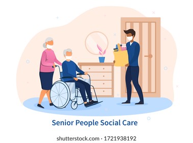 Senior People Social Care concept with a young black man delivering shopping to an elderly couple at home with man in wheelchair, colored vector illustration