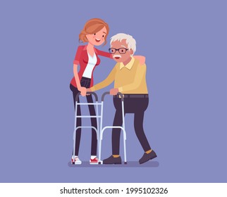 Senior people social support, older adult care and rehabilitation. Female volunteer nursing walker old woman, family love, retirement home treatment, assistance. Vector flat style cartoon illustration