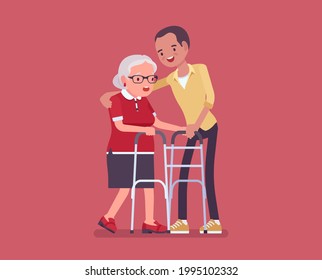 Senior people social support, older adult care and rehabilitation. Male volunteer nursing walker old woman, family love, retirement home treatment or assistance. Vector flat style cartoon illustration