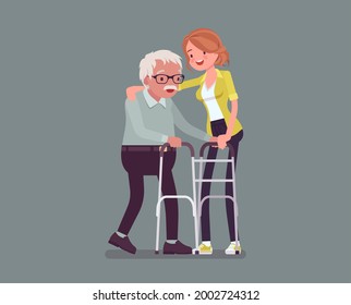 Senior people social support, older adult care and rehabilitation. Female volunteer nursing walker old woman, family love, retirement home treatment, assistance. Vector flat style cartoon illustration