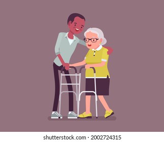 Senior people social support, older adult care and rehabilitation. Male volunteer nursing walker old woman, family love, retirement home treatment or assistance. Vector flat style cartoon illustration