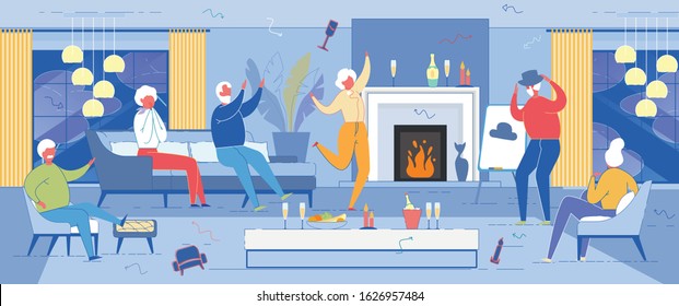 Senior People Sparetime with Dancing and Fun. Elderly People Having Party at Home. Active Lifestyle, Old Men and Women in Friend Relations Spend Time Together, Leisure Cartoon Flat Vector Illustration