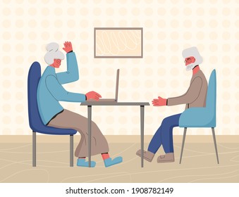 Senior People Spend Time Together. Mature Man An Woman At The Computer. Friends Staycation. Pair Communication.Vector Color Illustration.