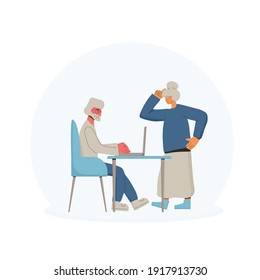 Senior People Spend Time Together. Mature Man An Woman At The Computer. Friends Staycation. Pair Communication.Vector Color Illustration.