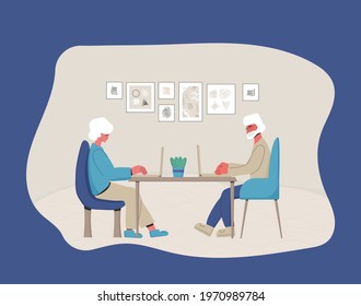 Senior People Spend Time Together As They Work From Home. Mature Man And Woman At The Computer. Friends Have A Staycation. Communication Between Pair Of People. Vector Color Illustration.