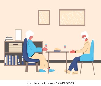 Senior People Spending  Time Together Drinking Wine. Mature Man An Woman At The Computer. Friends Staycation. Pair Communication.Vector Color Illustration.