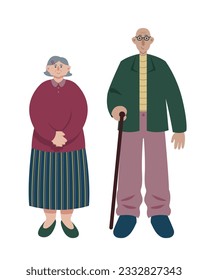 Senior people standing together and smiling, male with cane. Group of humans with special need. Flat vector illustration in pink and blue colors in cartoon style