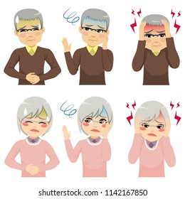 Senior people suffering from headache stomachache fainting different health symptoms concept